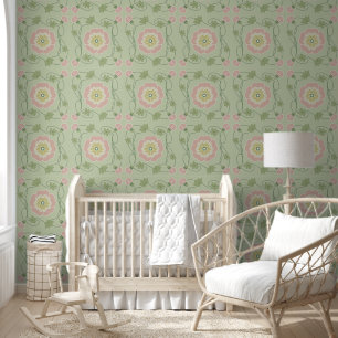 Pink Green Floral Art Nouveau Wallpaper