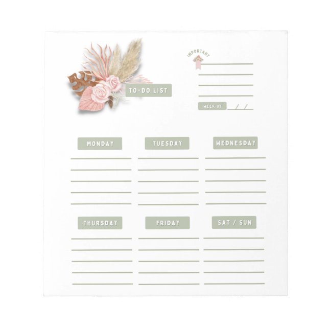 Pink Green Floral Boho Weekly Planner Organiser  Notepad (Front)