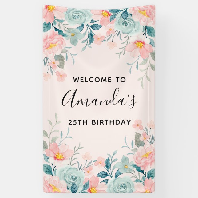 Pink & Green Floral Border Birthday Banner (Vertical)