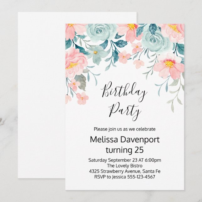 Pink & Green Floral Border Birthday Invitation (Front/Back)