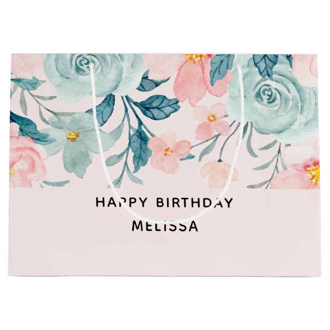 Pink & Green Floral Border Birthday Large Gift Bag (Front)