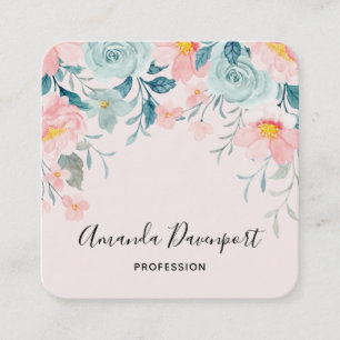 Pink & Green Floral Border Elegant Square Business Card