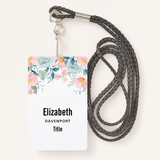 Pink & Green Floral Border ID Badge (Front with Lanyard)