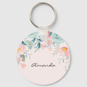 Pink & Green Floral Border Key Ring