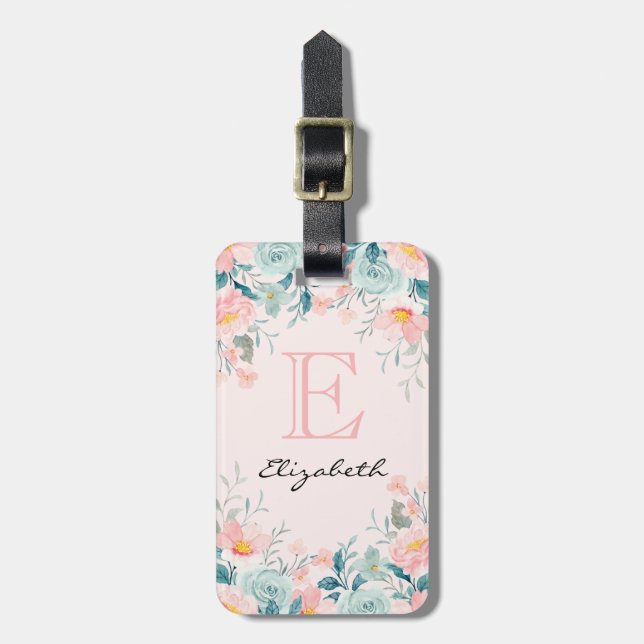 Pink & Green Floral Border Luggage Tag (Front Vertical)