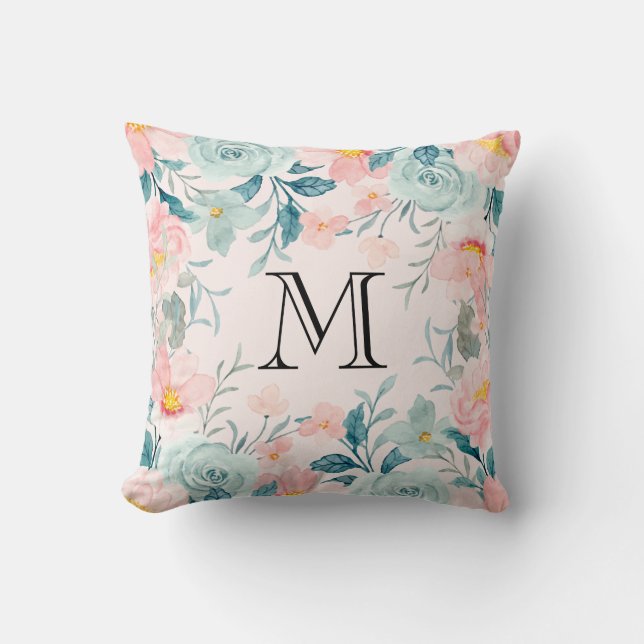 Pink & Green Floral Border Monogram Cushion (Front)