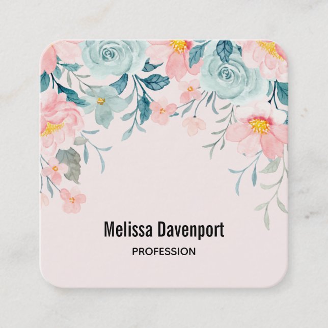 Pink & Green Floral Border Square Business Card (Front)