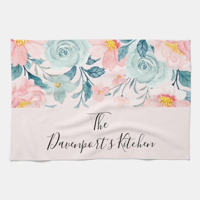 Pink & Green Floral Border Tea Towel (Horizontal)