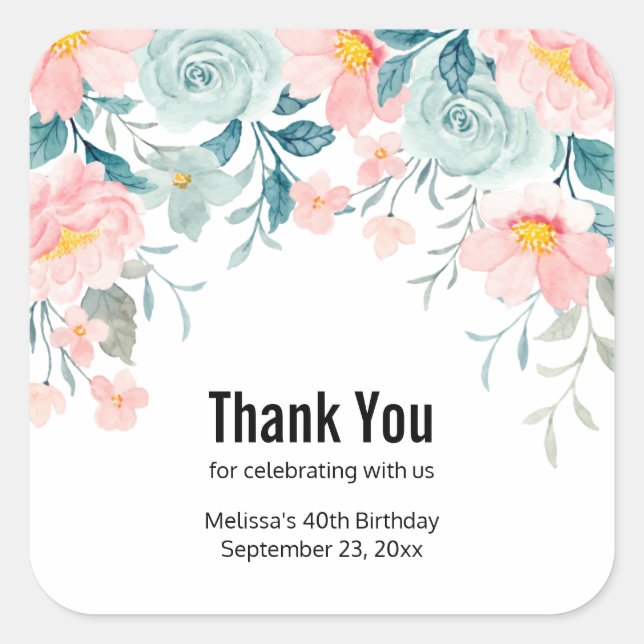 Pink & Green Floral Border Thank You Square Sticker (Front)
