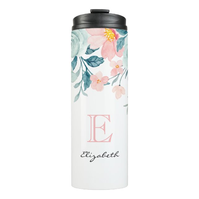 Pink & Green Floral Border Thermal Tumbler (Front)