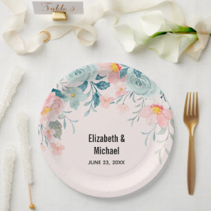 Pink & Green Floral Border Wedding Paper Plate