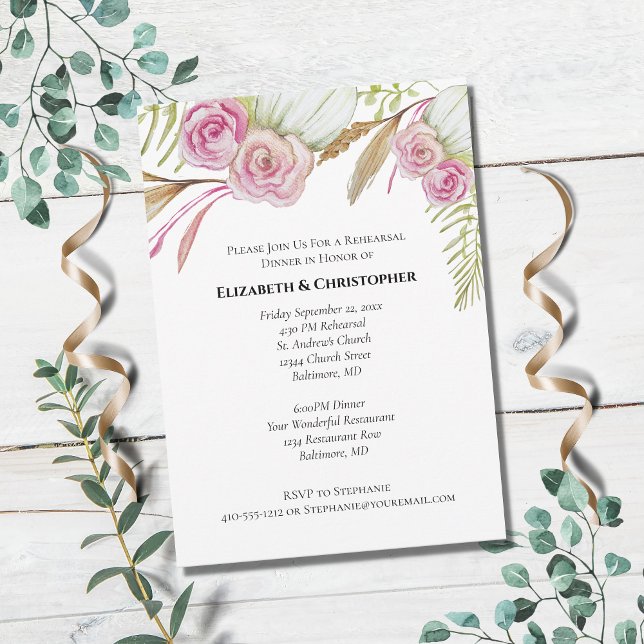 Pink Green Floral Botanical Wedding Rehearsal  Inv Invitation (Creator Uploaded)