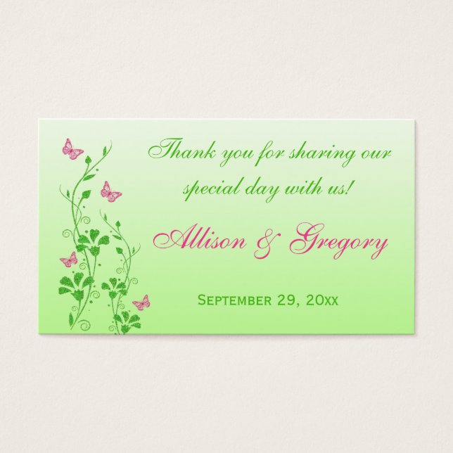 Pink, Green Floral, Butterflies Wedding Favour Tag (Front)