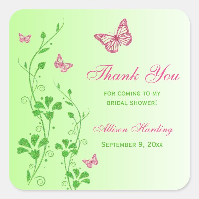 Pink Green Floral Butterfly Bridal Shower Sticker (Front)