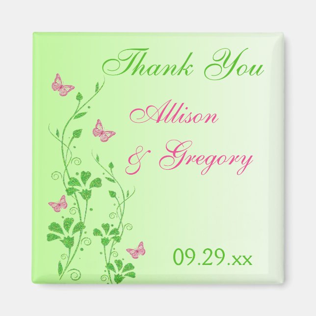 Pink, Green Floral Butterfly Wedding Favour Magnet (Front)