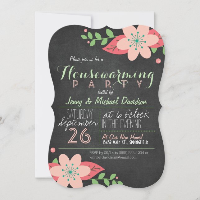 Pink, Green Floral Chalkboard Housewarming Party Invitation (Front)
