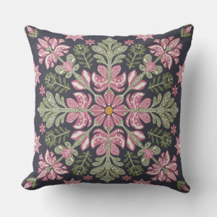 Pink-Green Floral Cushion with Rustic Folk Art
