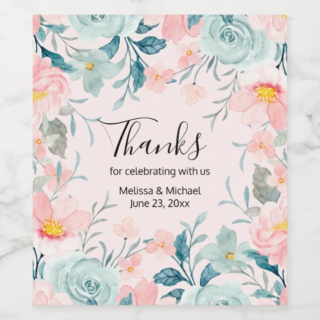 Pink & Green Floral Frame Wedding Wine Label (Single Label)