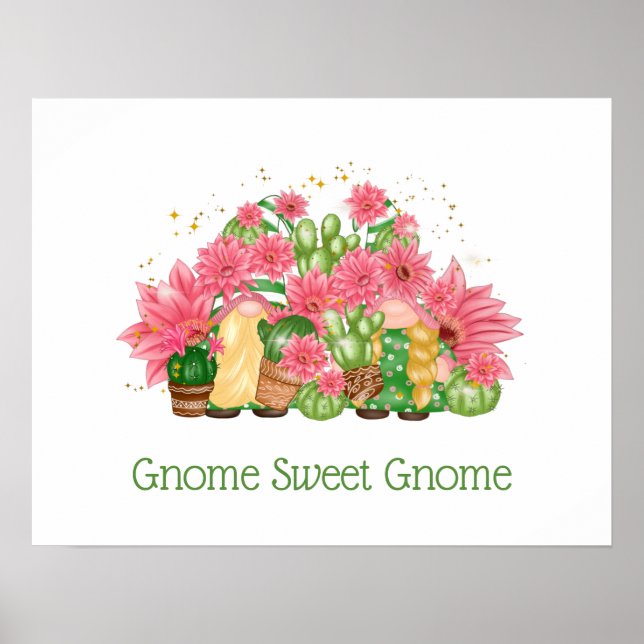 Pink Green Floral Gnomes Gnome Sweet Gnome  Poster (Front)