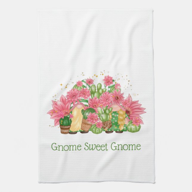 Pink Green Floral Gnomes Gnome Sweet Gnome Tea Towel (Vertical)