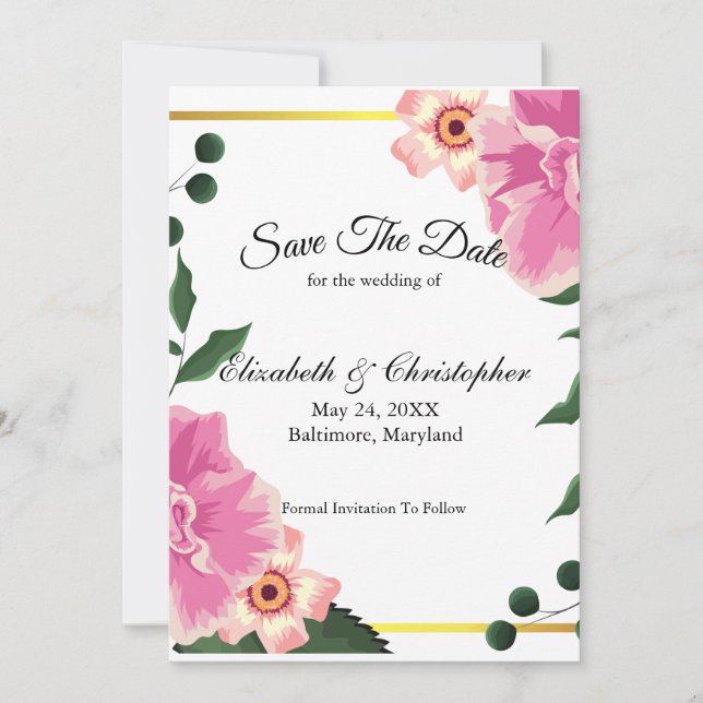 Pink Green Floral Gold Border Wedding Save The Date (Front)