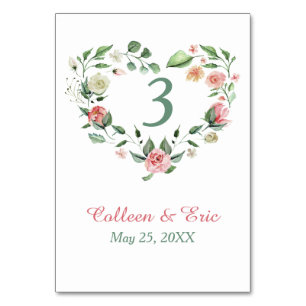 Pink Green Floral Heart Wreath Table Number Card