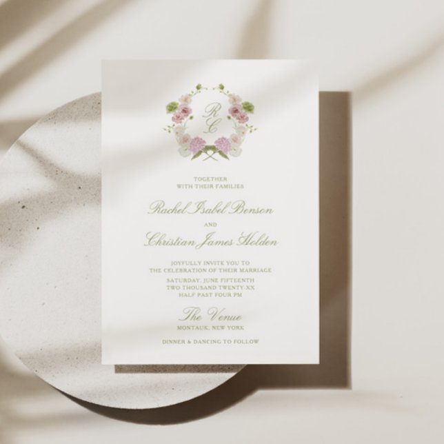 Pink Green Floral Monogram Crest Wedding Invitation (Creator Uploaded)