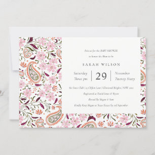 Pink Green Floral Paisley Motif Baby Shower Invite