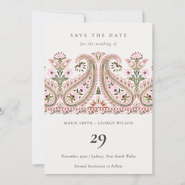 Pink Green Floral Paisley Motif Save the Date Card (Front)