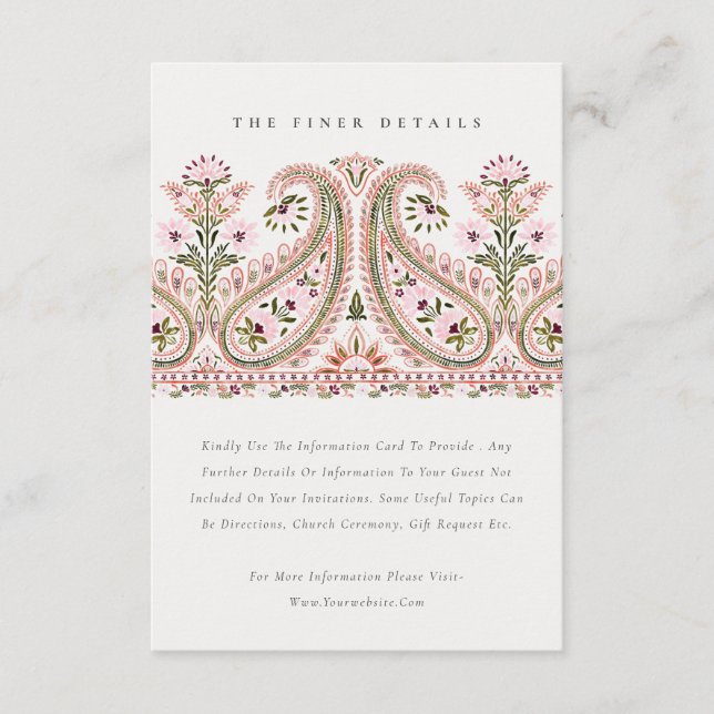 Pink Green Floral Paisley Motif Wedding Details Enclosure Card (Front)