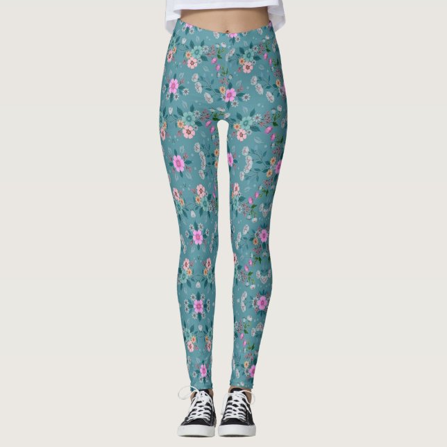 Pink & green Floral Pattern Leggings (Front)