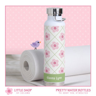 Pink Green Floral Personalised Water Bottle