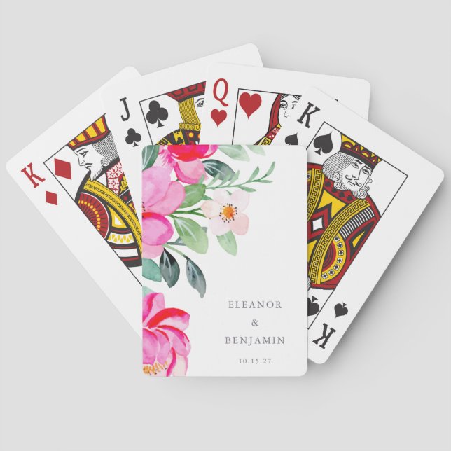 Pink Green Floral Personalised Wedding Favour Playing Cards (Back)