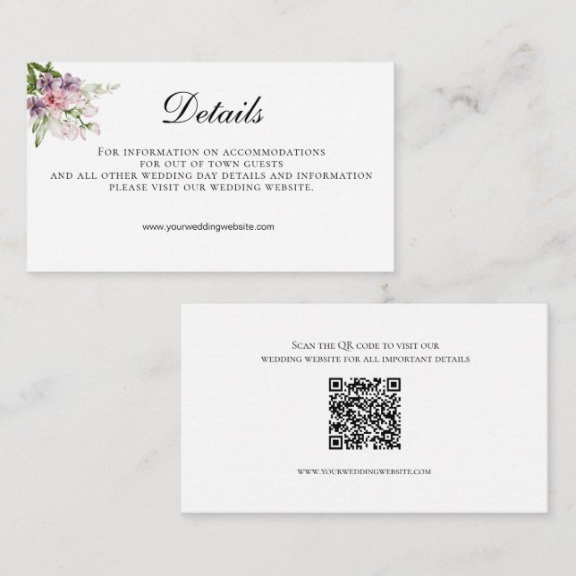 Pink Green Floral QR code Wedding Details  Enclosure Card (Front/Back)