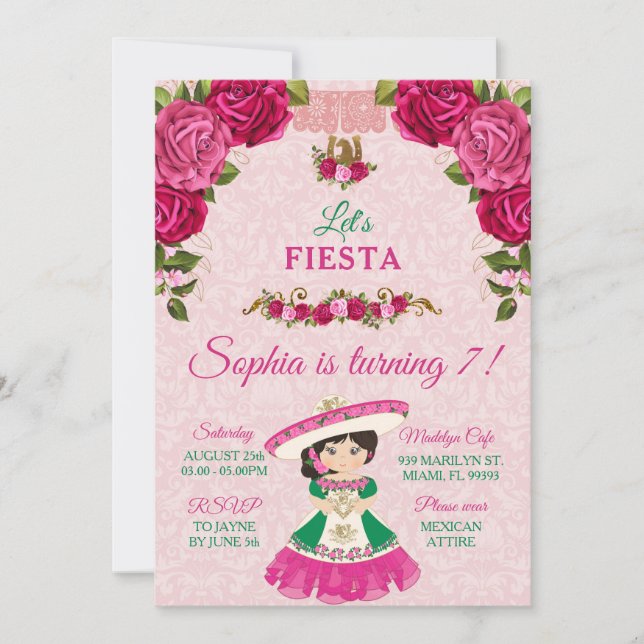 Pink & Green Floral Rose Cute Girl Turning 7 Invitation (Front)