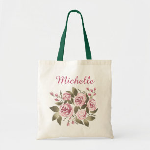 Pink Green Floral Rose with Name Tote Bag