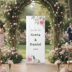 Pink Green Floral Roses Rustic Wedding Vertical  Retractable Banner