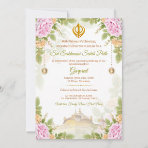 Pink & Green Floral Sukhmani Path Invitation Card