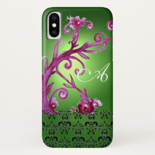PINK GREEN FLORAL SWIRLS,BERRIES DAMASK MONOGRAM iPhone X CASE