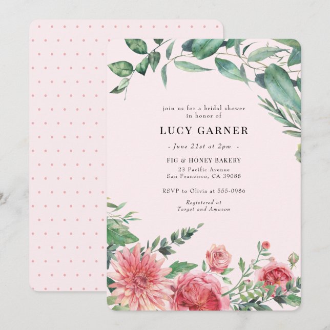 Pink Green Floral Watercolor Bridal Shower Invitation (Front/Back)