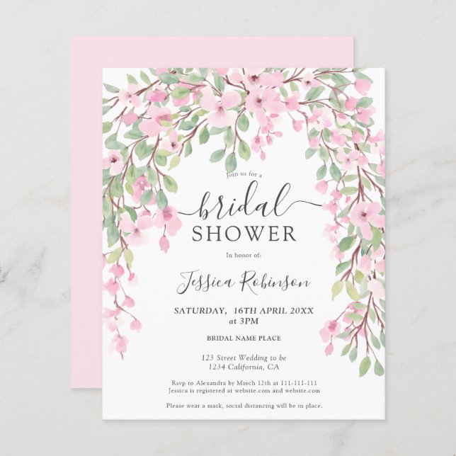 pink green floral watercolor budget bridal shower (Front/Back)