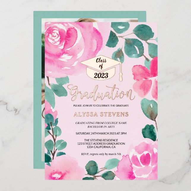 Pink green floral watercolor photo graduation (Front/Back)