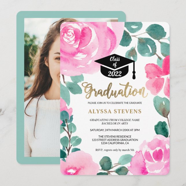 Pink green floral watercolor photo graduation invitation (Front/Back)
