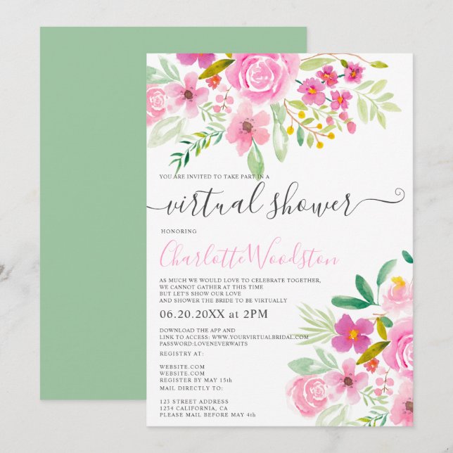 Pink green floral watercolor script virtual shower invitation (Front/Back)