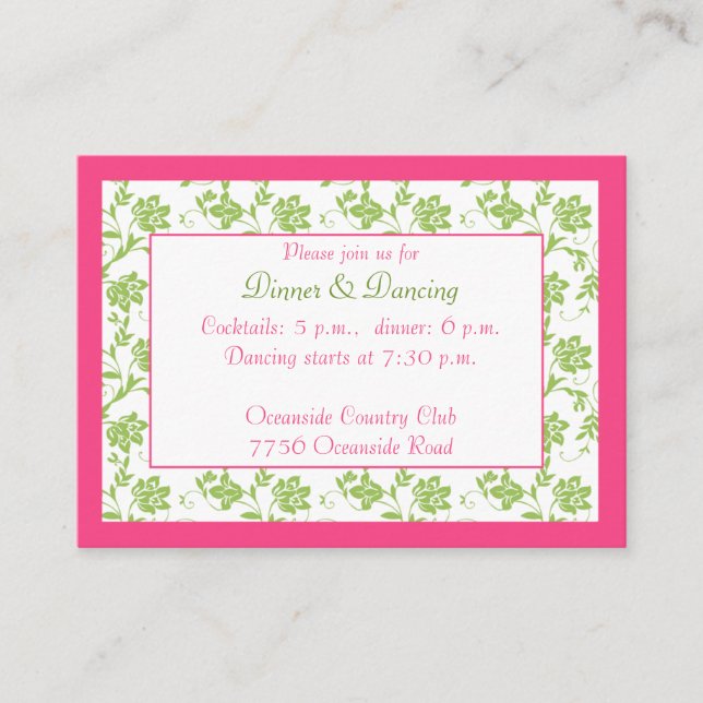 Pink Green Floral Wedding Reception Card (Front)