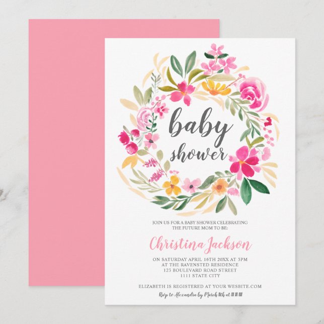 Pink green floral wreath watercolor baby shower invitation (Front/Back)
