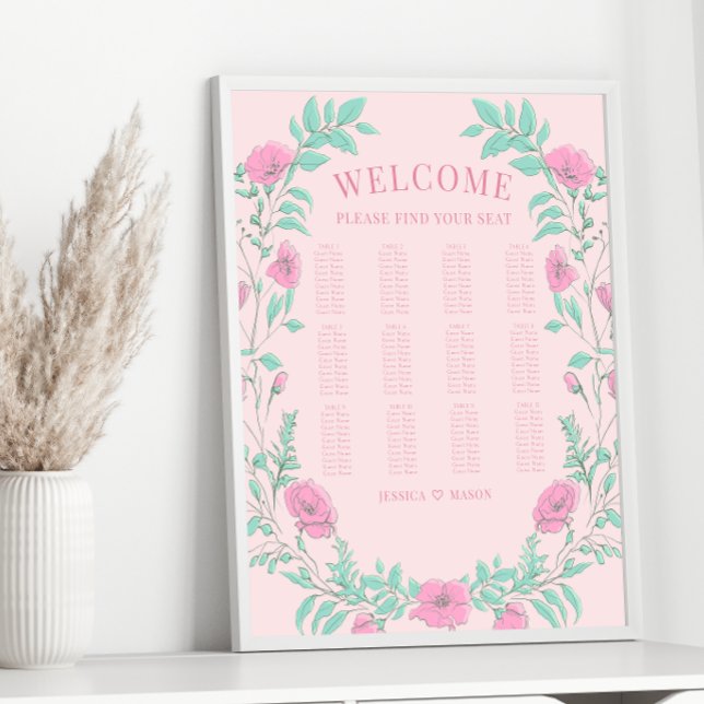 Pink green floral wreath wedding seating chart (Creator Uploaded)
