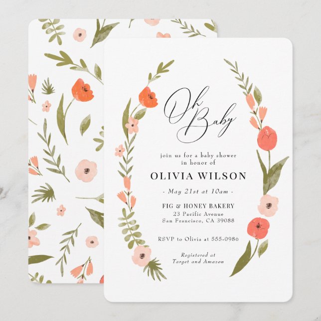 Pink Green Flower Wreath Baby Shower Invitation (Front/Back)