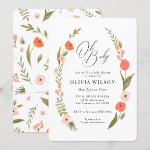 Pink Green Flower Wreath Baby Shower Invitation