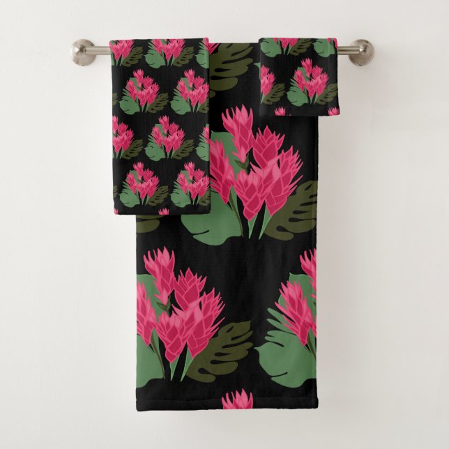 Pink Green Flowers Bath Towel Set (Insitu)